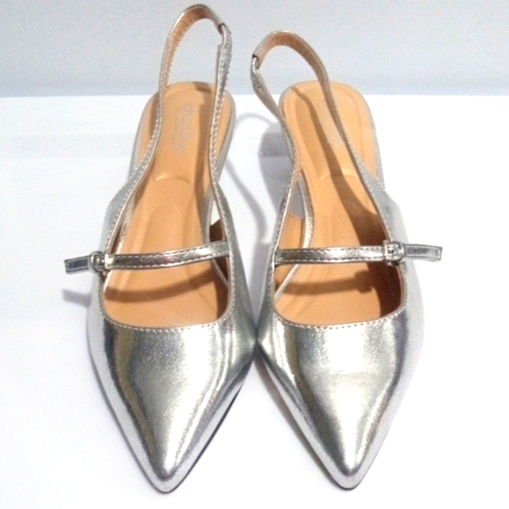 CHARLES DAVID SILVER KITTEN HEEL POINTED TOE SLINGBACKS SIZE 6 NWOT - Picture 1 of 5